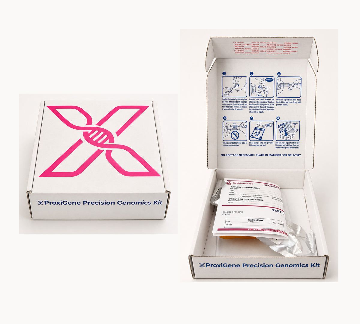 Open ProxiGene sample collection kit showing collection materials, instructions, and return packaging