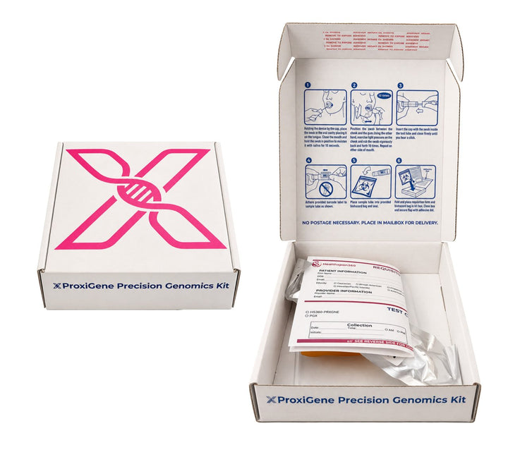 Closed and open ProxiGene Precision Genomics Kit showing the collection materials, patient form, return packaging, and printed instructions